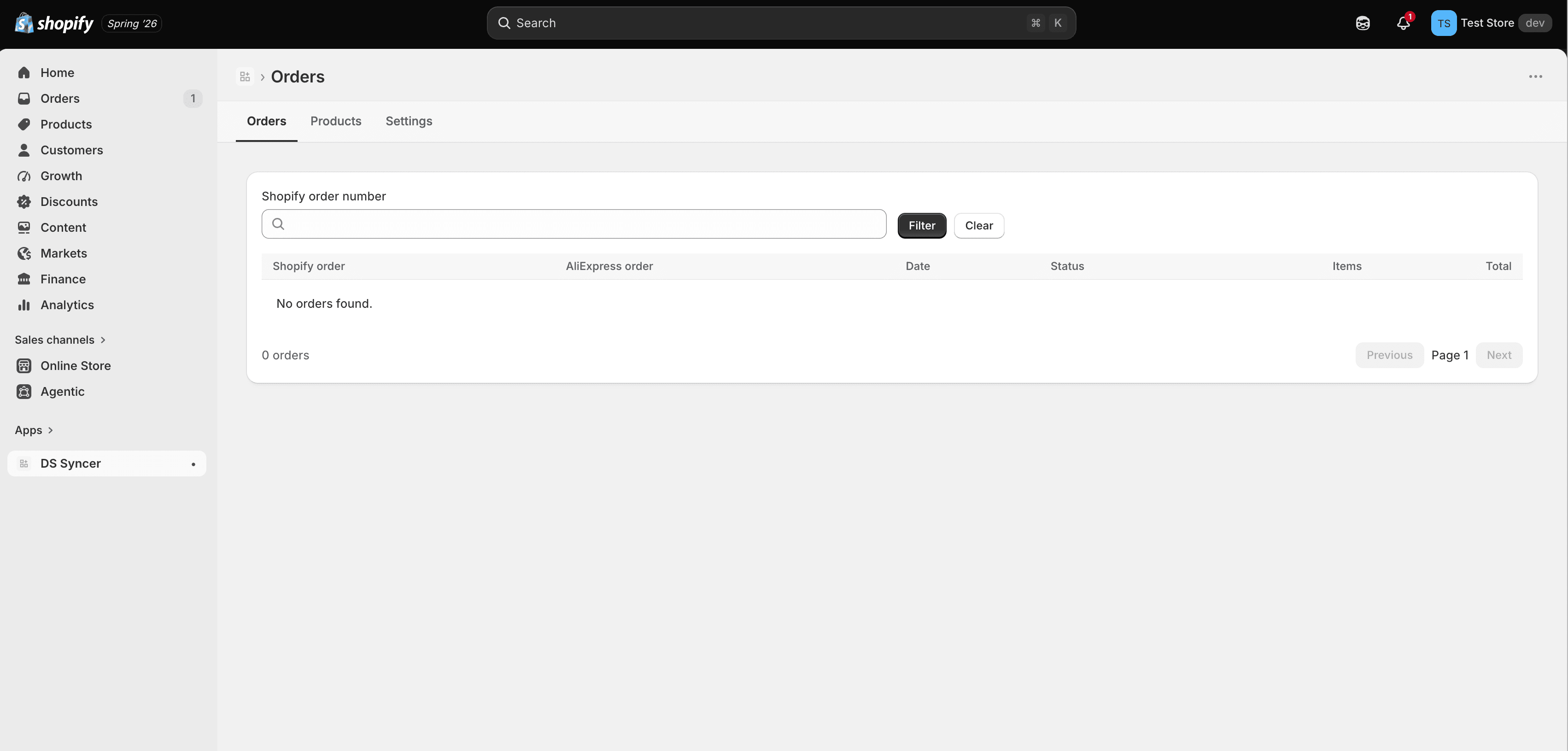 DS Syncer order page inside Shopify admin